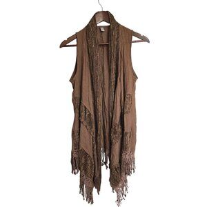 Brown Boho Fringe Sleeveless Vest Small Linen Blend Western Cowgirl